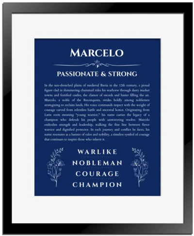 Marcelo custom name meaning print in deep blue with black matte frame