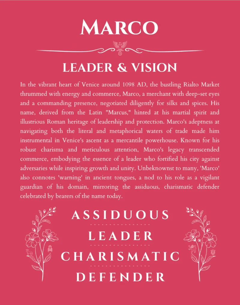 Marco custom name art showing meaning and origin in red