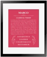 Marco custom name art showing meaning and origin in red with black matte frame