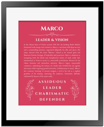 Marco custom name art showing meaning and origin in red with black matte frame