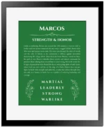 Marcos personalized name meaning print in dark green with black matte frame