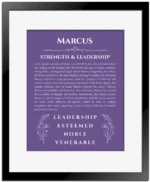 Marcus personalized wall art with the story of your name in purple with black matte frame