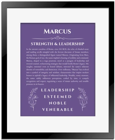Marcus personalized wall art with the story of your name in purple with black matte frame