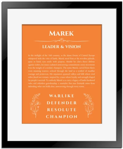 Marek name meaning gift print in orange with black matte frame