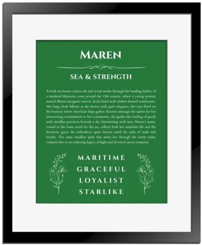 Maren custom name meaning print in dark green with black matte frame
