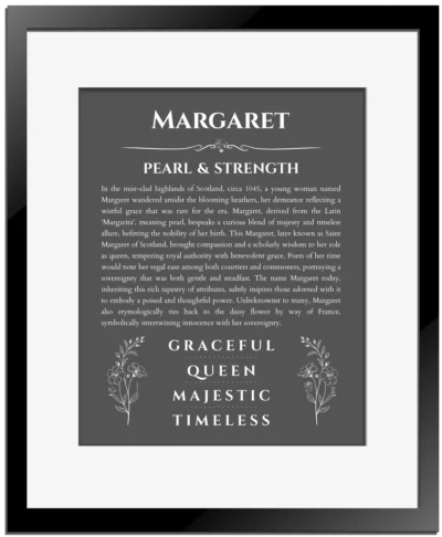 Margaret name meaning wall art by Get Your Story in gray with black matte frame