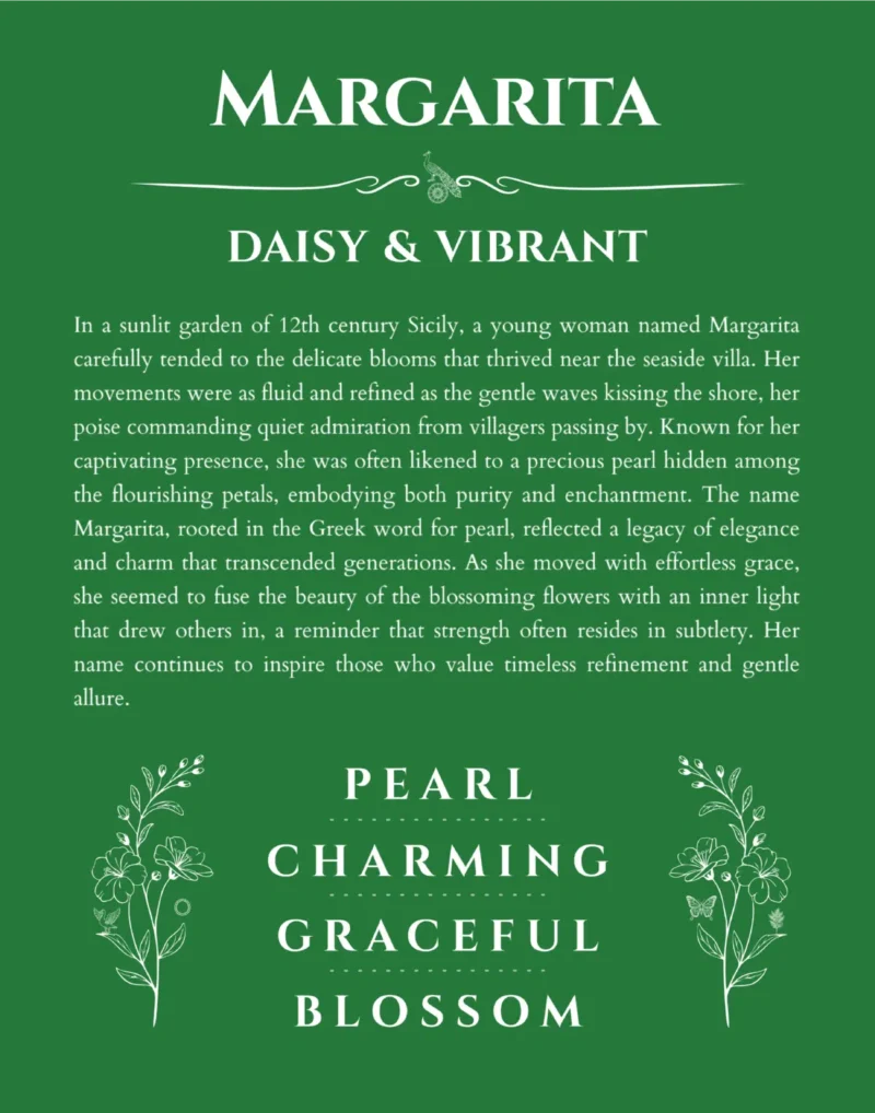 Margarita name origin print with meaning and traits in dark green