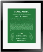 Margarita name origin print with meaning and traits in dark green with black matte frame