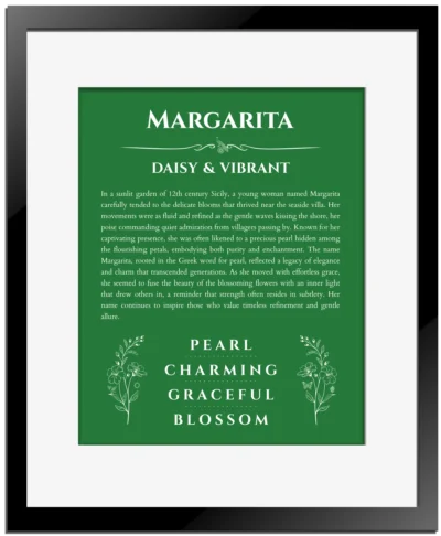 Margarita name origin print with meaning and traits in dark green with black matte frame