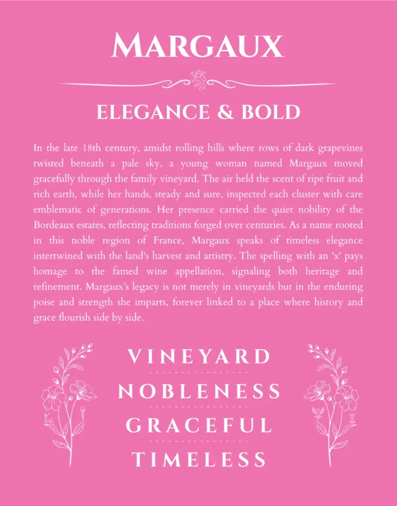 Margaux name origin print with meaning and traits in pink
