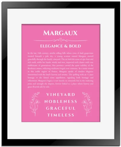 Margaux name origin print with meaning and traits in pink with black matte frame
