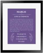 Margie custom name print for wall display in purple with black matte frame