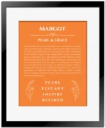 Margot name meaning gift print in orange with black matte frame