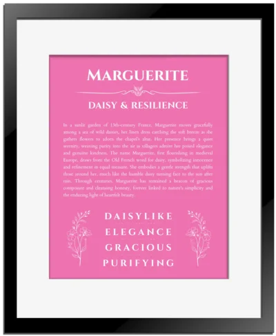 Marguerite custom name meaning print in pink with black matte frame