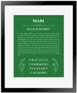 Mari name meaning gift print in dark green with black matte frame