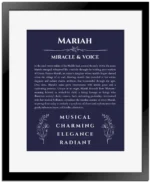 Mariah custom name print for wall display in navy blue with black matte frame