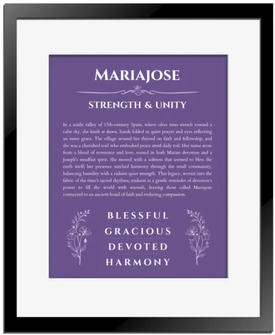 Mariajose personalized wall art with the story of your name in purple with black matte frame