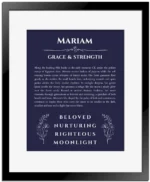 Mariam custom name print for wall display in navy blue with black matte frame