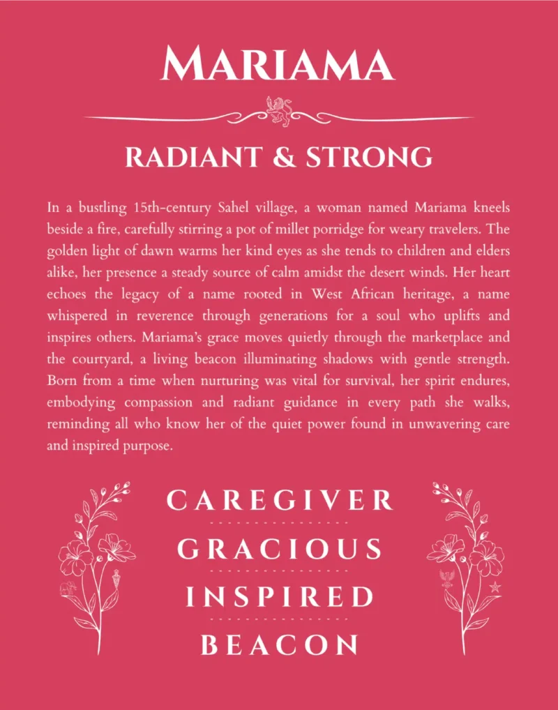 Mariama name origin print with meaning and traits in red
