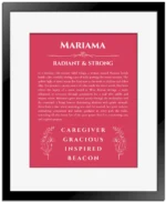 Mariama name origin print with meaning and traits in red with black matte frame
