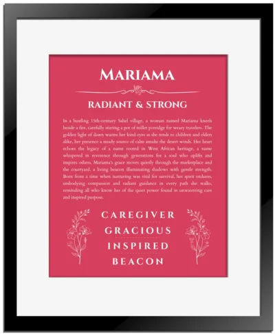 Mariama name origin print with meaning and traits in red with black matte frame