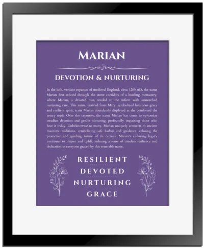 Marian personalized name meaning print in purple with black matte frame