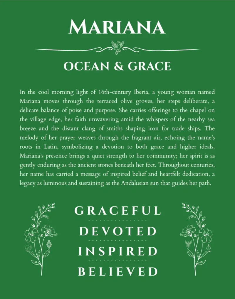 Mariana personalized name print with origin and traits in dark green