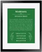 Mariana personalized name print with origin and traits in dark green with black matte frame