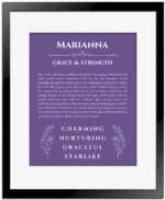 Marianna custom name meaning print in purple with black matte frame