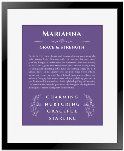 Marianna custom name meaning print in purple with black matte frame