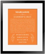 Marianne personalized name print with origin and traits in orange with black matte frame