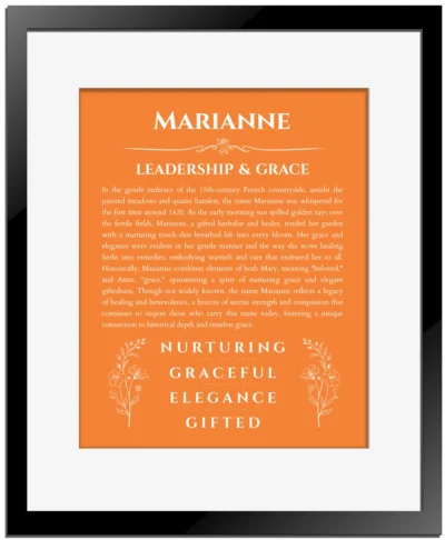 Marianne personalized name print with origin and traits in orange with black matte frame