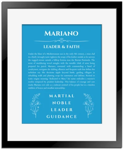 Mariano name meaning wall art by Get Your Story in blue with black matte frame