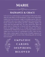 Marie name origin print with meaning and traits in purple