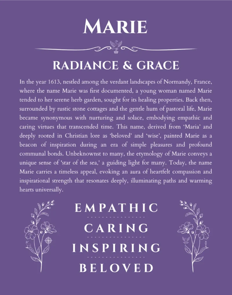 Marie name origin print with meaning and traits in purple