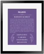 Marie name origin print with meaning and traits in purple with black matte frame