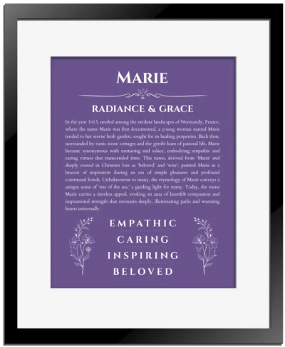 Marie name origin print with meaning and traits in purple with black matte frame