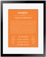 Mariel custom name print for wall display in orange with black matte frame
