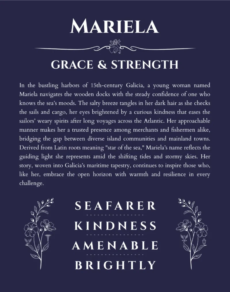 Mariela custom name art showing meaning and origin in navy blue