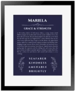 Mariela custom name art showing meaning and origin in navy blue with black matte frame
