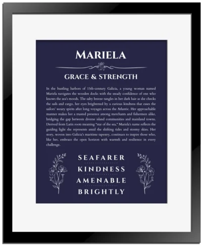 Mariela custom name art showing meaning and origin in navy blue with black matte frame