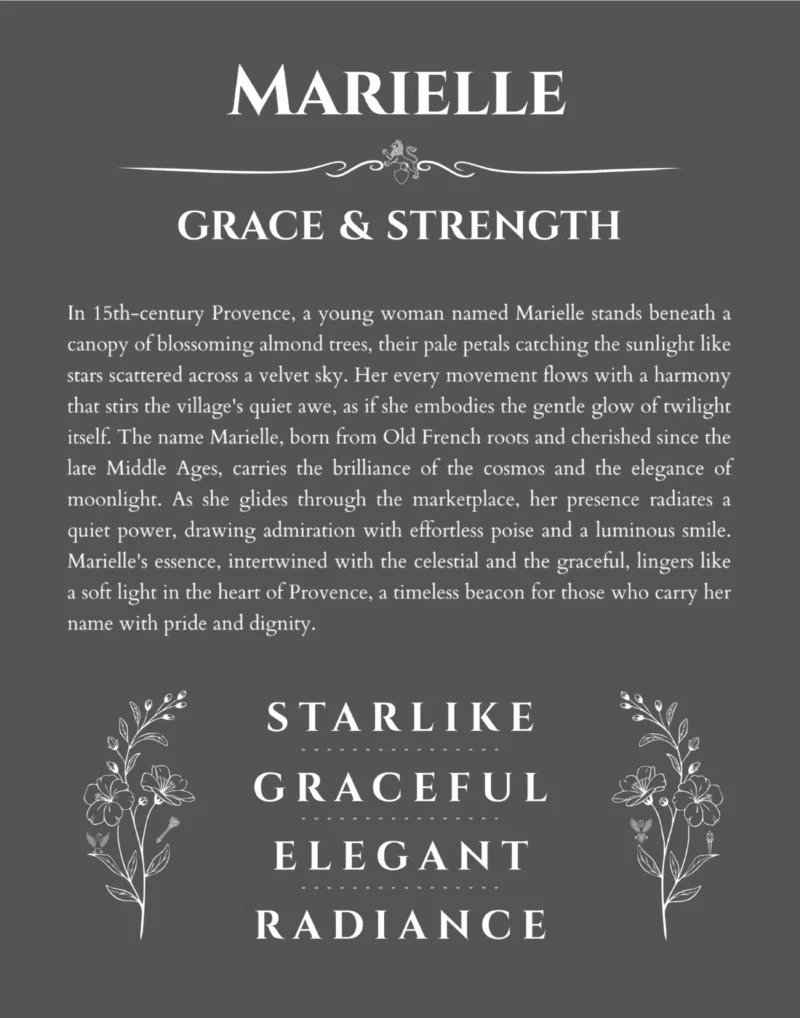 Marielle custom name art showing meaning and origin in gray