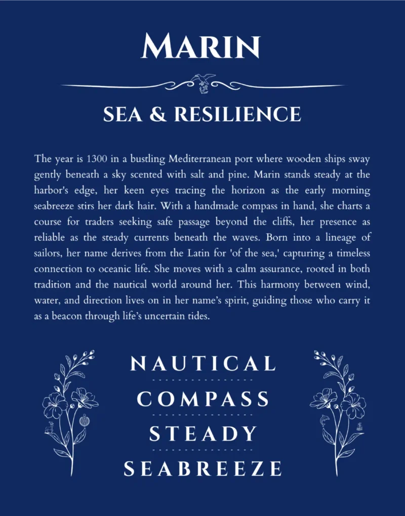 Marin personalized name art with origin story in deep blue