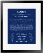 Marin personalized name art with origin story in deep blue with black matte frame
