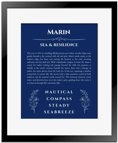 Marin personalized name art with origin story in deep blue with black matte frame