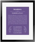 Marina name meaning gift print in purple with black matte frame
