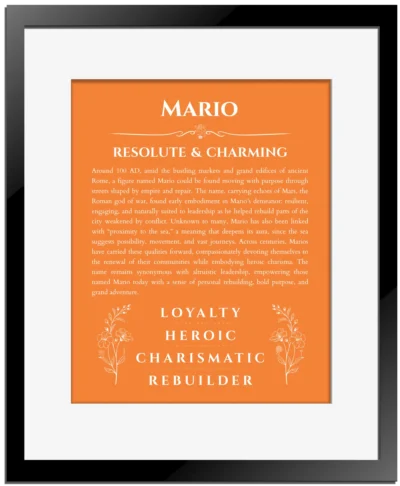 Mario name meaning gift print in orange with black matte frame