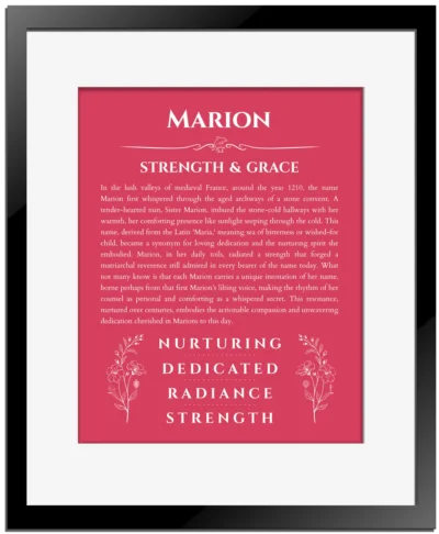 Marion personalized wall art with the story of your name in red with black matte frame