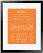 Marisa custom name print for wall display in orange with black matte frame