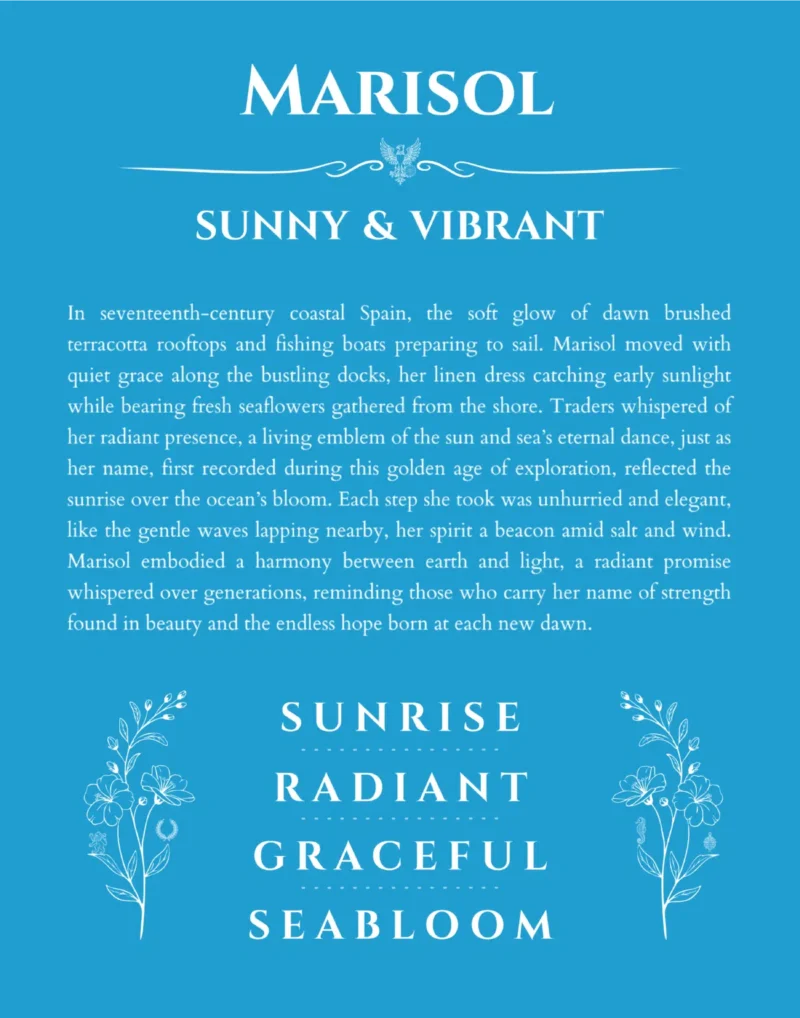 Marisol name origin print with meaning and traits in blue
